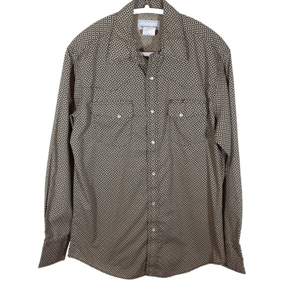 WRANGLER Pearl Snap Western Wrancher Shirt Size M Tan Blue Print Cotton Blend - Picture 1 of 7